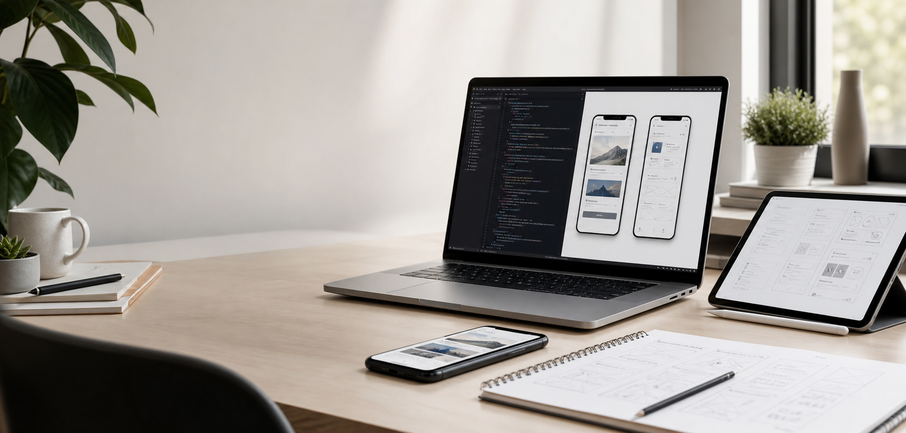 Modern app development workspace with phone, tablet, laptop, and interface concepts